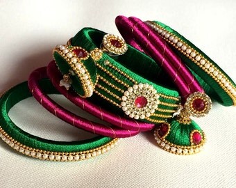 Silk Thread Bangles with Jhumka Earrings, Indian Jewelry Set - Green, Pink