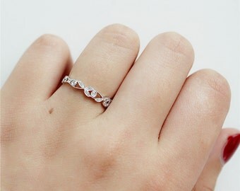 Leaf Design Round Full Eternity Diamonds Ring in 14K White Gold/Wedding&Engagement Ring/Promise Ring/Anniversary Ring/Unique Ring/Bridal Set