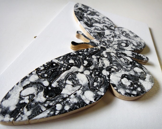 Puzzle Butterfly - black & white, stylish wooden hand-cut, acrylic on wood pieces, ready to hang, Puzzle-Art by Samo Svete