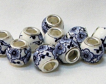 Large hole porcelain beads in white with blue flowers, set of 10. #12