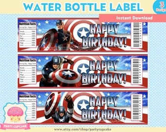 80% OFF SALE Water Bottle Label Captain America - 3 Designs - Instant Download - PDF Files - High Resolution - Holiday Party