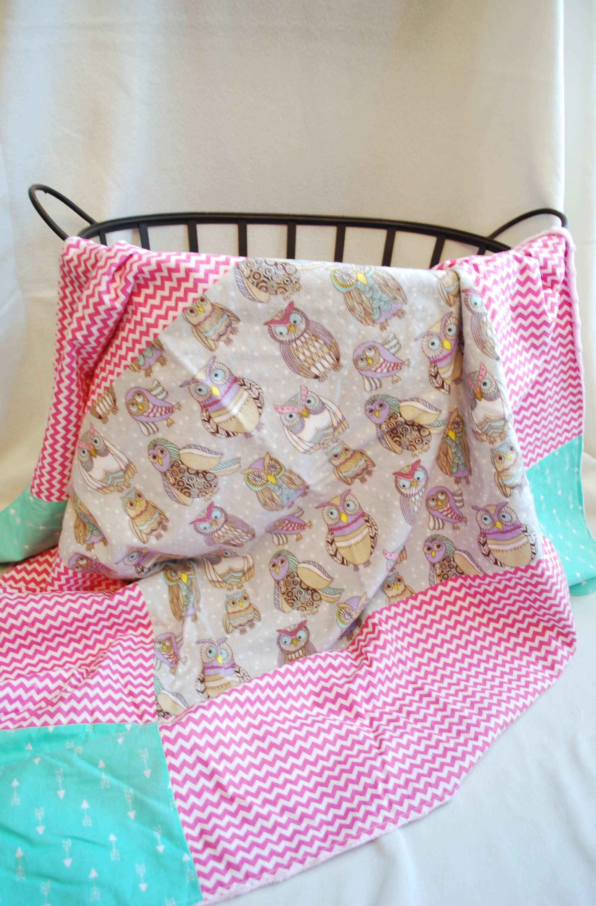 Chevron Owl Baby Blanket Pink Gray and Aqua Minky Blanket.