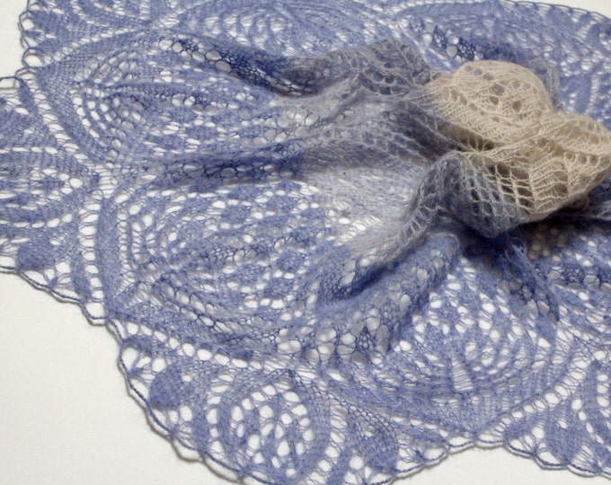 Knitted shawl, blue-white shawl,wedding shawl, shawl scarf, triangular scarf, mohair shawl, openwork scarf, downy shawl, lace shawl