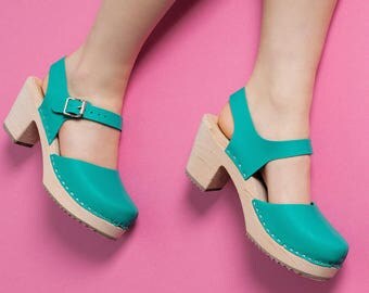 Vegan Shoes Swedish Clogs Highwood Mint Aqua Turquoise Mermaid Green by Lotta from Stockholm / Wooden / High Heel / Mary Jane / Wedding