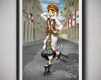 Anime girl art Ethnic clothing Ethnic dress Arabian clothing Arabian girl Happy dancing girl Weird shoes Platform shoes Lebanon Street alley