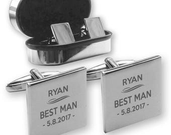 Personalised engraved BEST MAN wedding cufflinks, in a chrome coloured presentation box - DU7