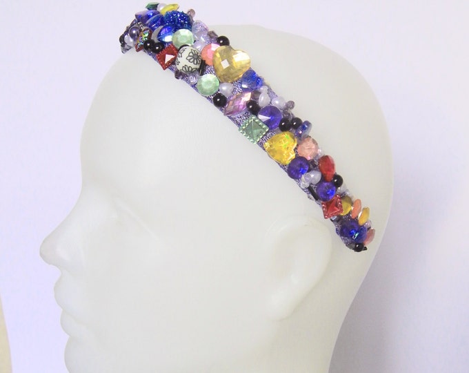 Multicolor headband, festival headdress, rainbow rave headdress, gift for women, rhinestones beaded designer carnival hair piece, hairdress