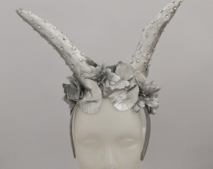 Horn headdress, demon horns, costume horns, tribal headdress, flower headpiece, fantasy headdress, festival headpiece, silver faun horns