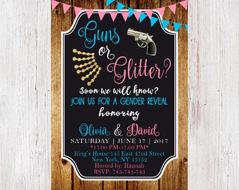 Guns or Glitter Gender Reveal Invitations, Gender Announcement Invitations, Pistols or Glitter invitations 204