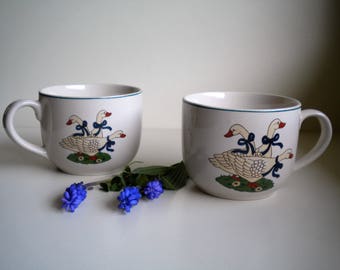 Keramikhäferl with a great motif: 3 geese, 70s - set 2 PCs