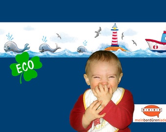 ECO kids trim: whales. Lighthouse - borders for children, border for allergy sufferers, wall border, nonwoven, wall trims sailing ship