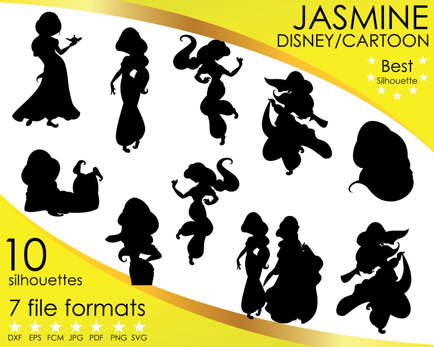 10 Silhouettes Jasmine Aladdin Princess Disney Cartoon