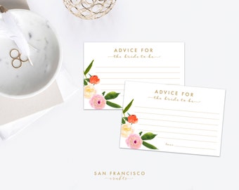 Advice for the Bride Card, 4''x6'' | Olivia Collection, Watercolor Floral, Pink, Orange | Printable - INSTANT DOWNLOAD PDF File
