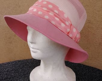 Vintage 1960s Sun Hat Hot Pink Polka Dot 60s Golf Hat Sz L