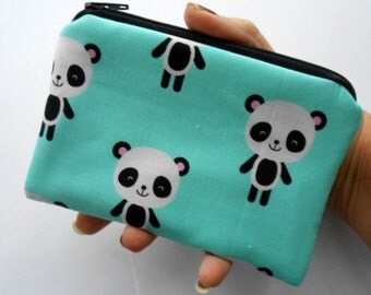 Zipper Pouch Little Padded Coin Purse ECO Friendly NEW Pandas on Aqua