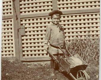 Vintage photo 1901 Darling Little Boy Pushes Wheelbarrow w Toys