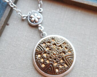 Antique Button Necklace, Ornate Brass, Cross Design