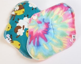 Set of 2 - Regular and Heavy Flow - Tie Dyed Swirl & Animal Printed Flannel Reusable Cloth Mama Pads . 8 Inch FREE Shipping