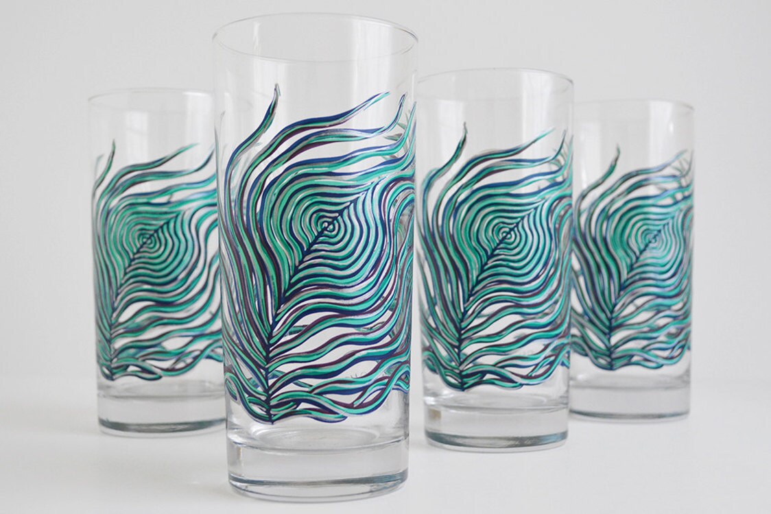 Peacock Feather Glassware Everyday Drinking by MaryElizabethArts