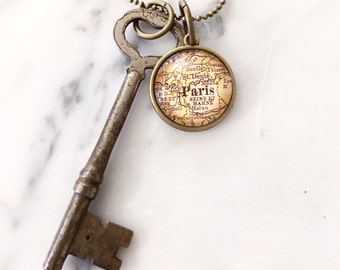 Paris Vintage Map Skeleton Key Necklace - Travel - Wanderlust - Honeymoon - France