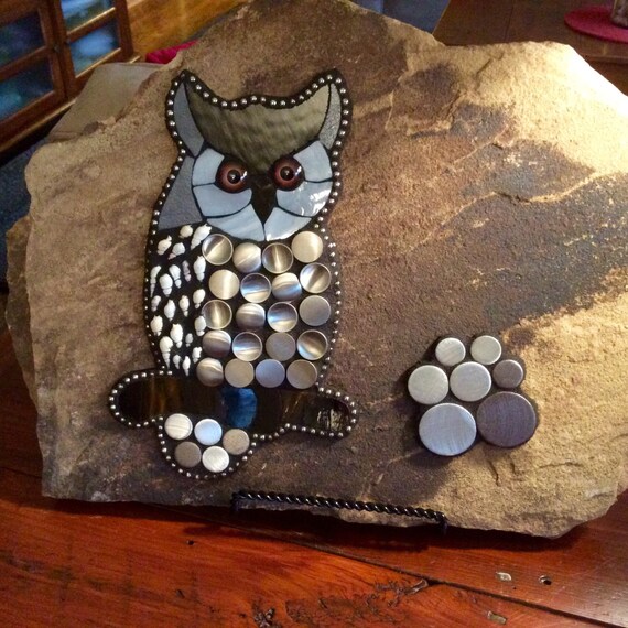 Industrial Stained Glass Owl Stepping Stone Garden Rock Mosaic
