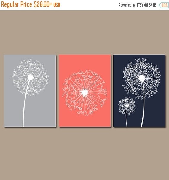 DANDELION Wall Art Coral Navy Gray Bedroom Pictures by TRMdesign