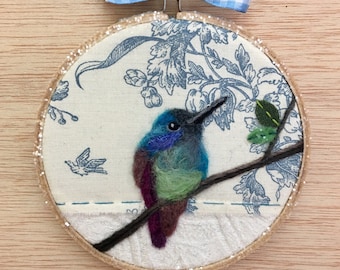 Green Violetear Hummingbird on a Branch Needle Felted and Glitter Trimmed Embroidery Hoop Art by Val's Art Studio
