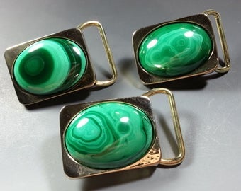 Classy Solid Brass Vintage Belt Buckles with 30x40mm Malachite Cabochons