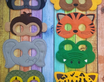 Jungle Animals Felt Masks * Birthday Parties * Party Favors * Playtime * Gorilla, Monkey, Elephant, Snake, Lion, Tiger, Crocodile, Cheetah