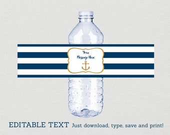 Nautical Anchor Water Bottle Labels / Nautical Bridal Shower / Navy & Gold / Gold Glitter Anchor / INSTANT DOWNLOAD Editable PDF B101