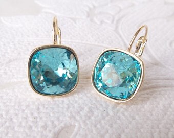 Light Turquoise Blue on Gold Plated Drop Earrings made with Cushion Cut Swarovski Crystal Vintage Glam Prom Jewelry Modern Bridesmaid Gift