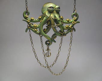 Chained Green Octopus Necklace - Polymer Clay Jewelry - Wearable Art