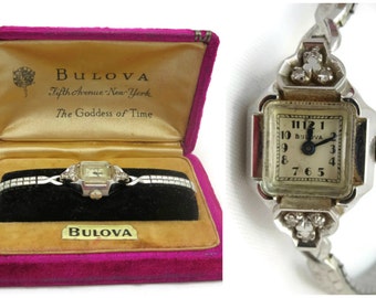 Ladies Bulova Watch - 14k White Gold and Diamond Watch, Original Case, 1940s