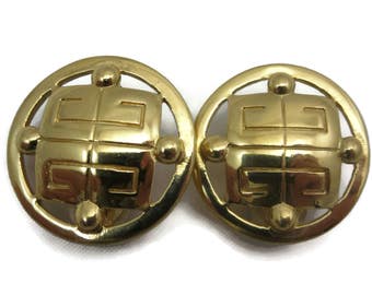 Givenchy Earrings - Vintage Gold Designer Costume Jewelry, Logo Earrings, Clip On