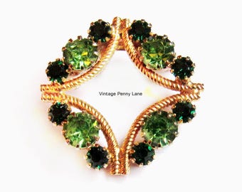 Green Rhinestone Brooch, Vintage Gold Pin
