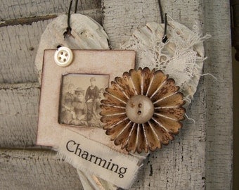 Shabby White Heart Ornament Vintage Collage Vintage Mixed Media Cottage Style Heart Wall Hanging Antique Paper Heart