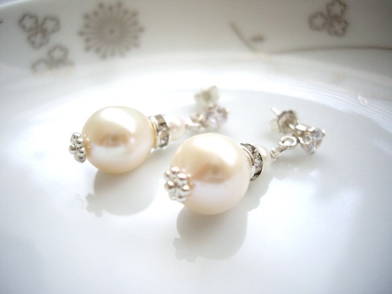Pearl rhinestone wedding earrings Silver pearl dangle