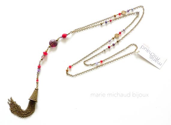 Long boho necklace,Red and purple necklace,Hippie chic necklace,Red and purple jewelry,Bride necklace,Boho wedding,Red and purple jewelry