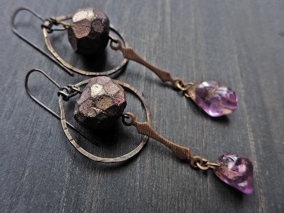 Artisan earrings with polymer clay art beads and amethyst- “The Magi”  