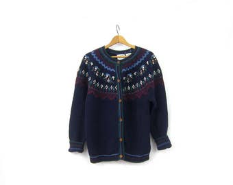 Vintage Fair Isle Button Up Sweater Chunky Knit Cardigan Sweater Navy Blue Raglan Boho Preppy Cottage Wool Cotton Large