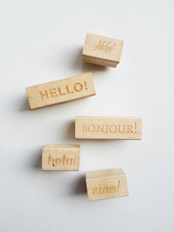 Greetings Rubber Stamp - Aloha, Ciao, Bonjour, Hello & Hola Il_570xn
