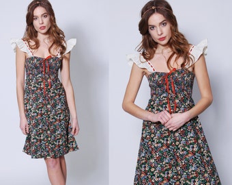 Vintage 70s DITZY Floral Mini Dress PRAIRIE Dress Hippie Dress LACE Boho Dress
