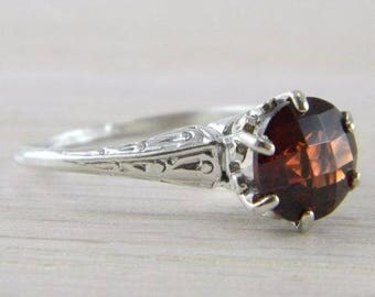 Red Garnet Ring, Antique Art Deco Ring with Garnet Stone .925 Sterling Silver Vintage Art Deco Filigree Garnet Solitaire Ring Size 5.5
