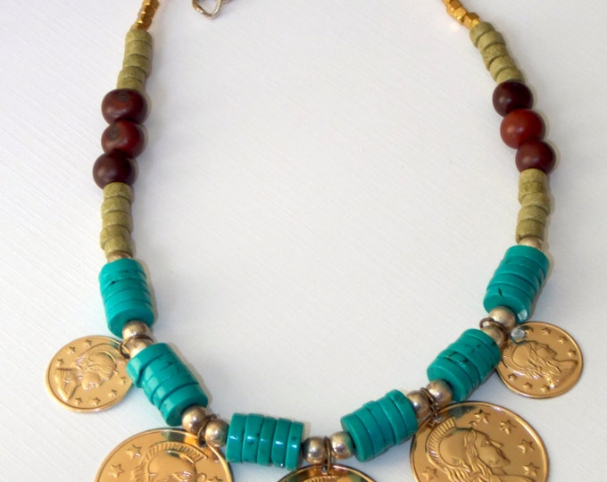 Gold Coin Necklace Mixed Metal Turquoise Blue Jewelry Boho Statement Necklace Brown Green Turquoise Rustic Tribal Roman Coin Greek Jewelry