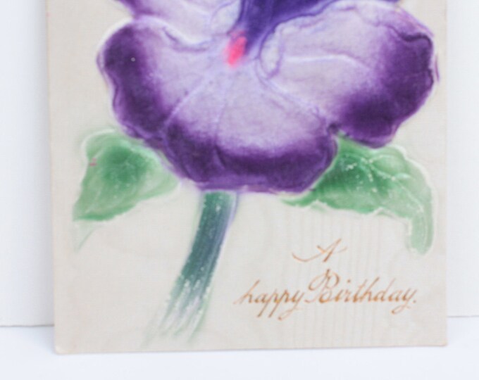 Flocked Purple Pansy Birthday Postcard Antique Vintage