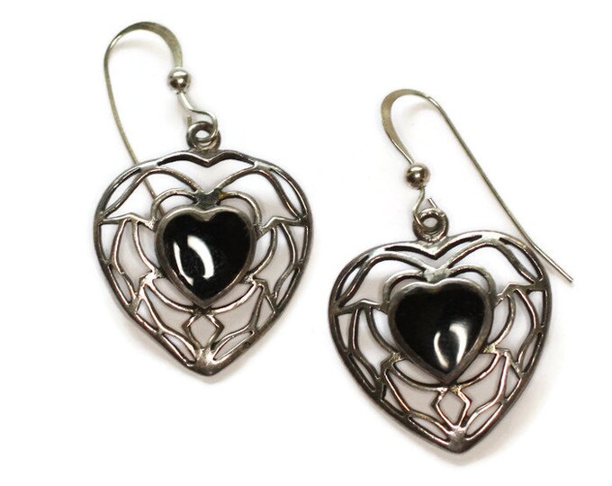 Onyx Heart Dangle Earrings Sterling Silver Pierced Ears Filigree Vintage