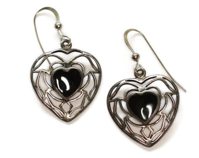 Onyx Heart Dangle Earrings Sterling Silver Pierced Ears Filigree Vintage