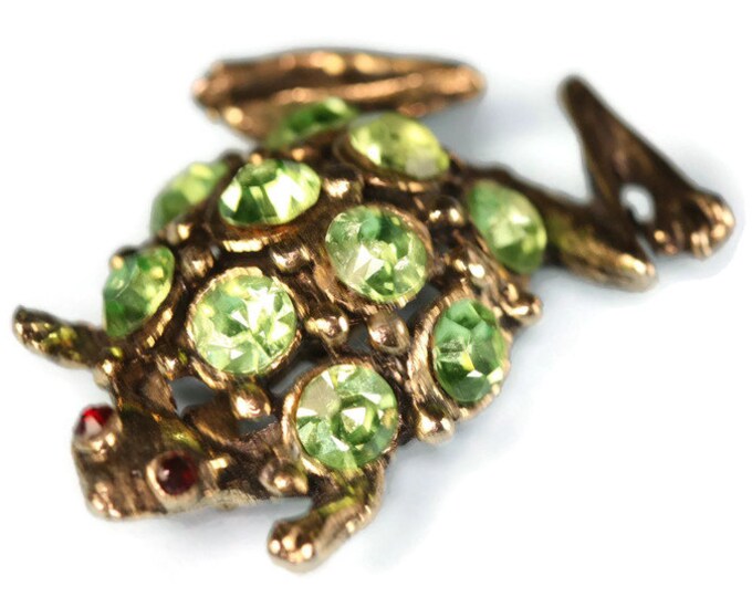 Green Rhinestone Frog Brooch Gold Tone Figural Vintage