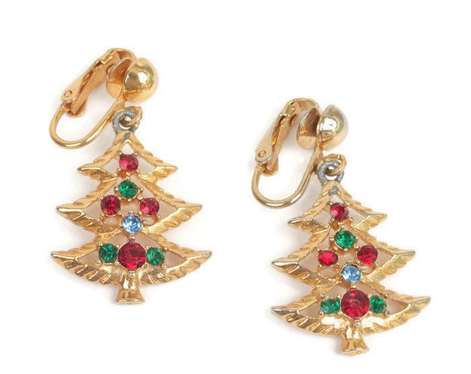 CIJ Sale Christmas Tree Dangle Earrings Rhinestones Clip On Vintage