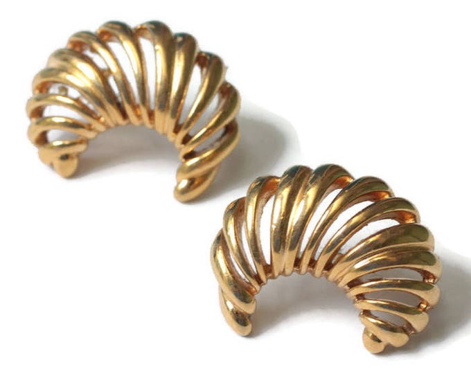 Monet Earrings Gold Tone Open Crescent Shaped Pierced Posts Vintage